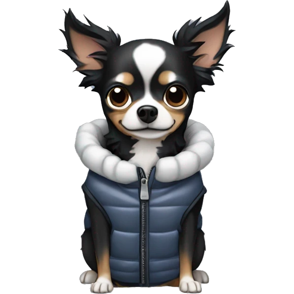 All Black chihuahua Chinese crested mix wearing a puffer vest emoji