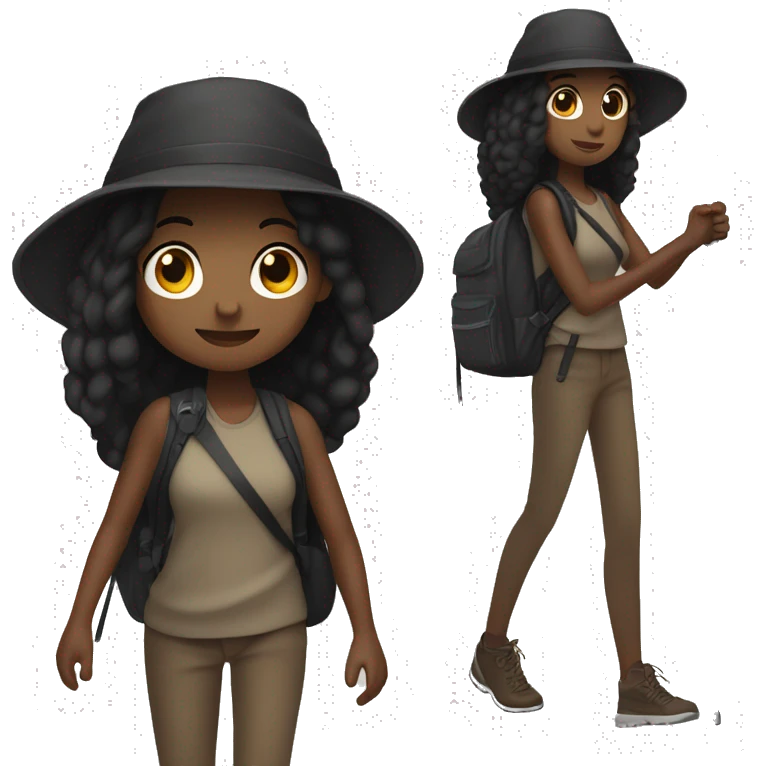 Dark skinned girl with long straight black hair hiking with black bucket hat and walking stick standing up emoji