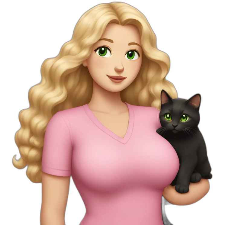 woman with green eyes and long wavy blonde hair and big boobs in a pink shirt is holding a very fluffy and fat black and tortoiseshell cat emoji
