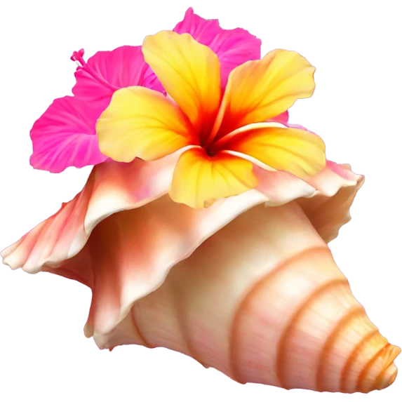 Conch shell with a pink, orange and yellow hibiscus on top  emoji