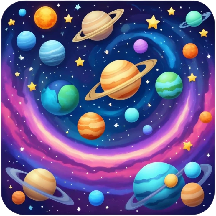 A cosmic scene with stars, planets, and galaxy emoji