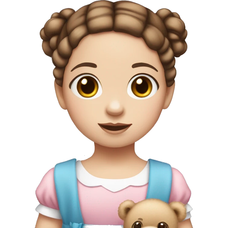 Little Girl with White skin, blue eyes. brown hair with two braids and pink two bows in it. She is wearing a pink and White dress, standing and holding on to a teddybear. emoji