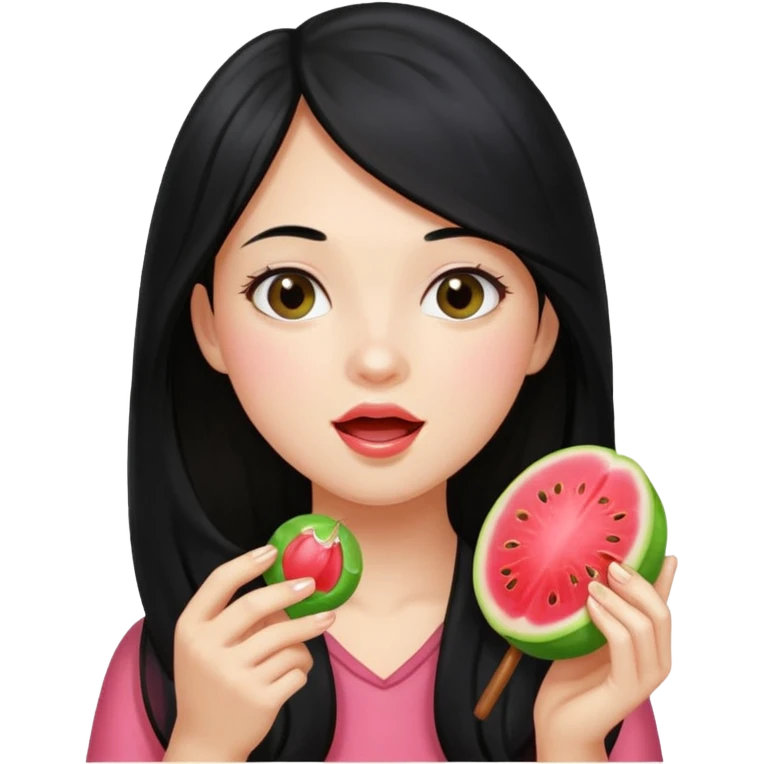 A girl with long black hair holding a piece of guava hard candy and pretending to eat it emoji