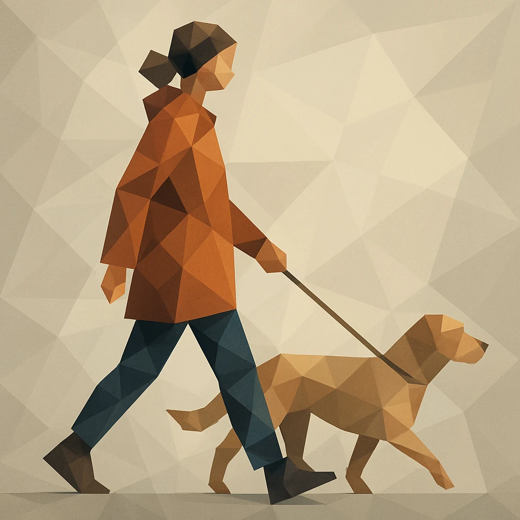 Woman walking a dog with fractured into overlapping cubes and triangles. emoji