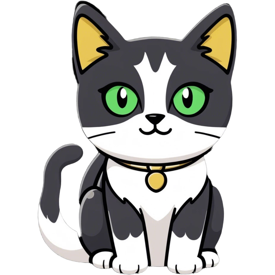 Female Tuxedo domestic short hair, more white than black, green/gold eyes emoji