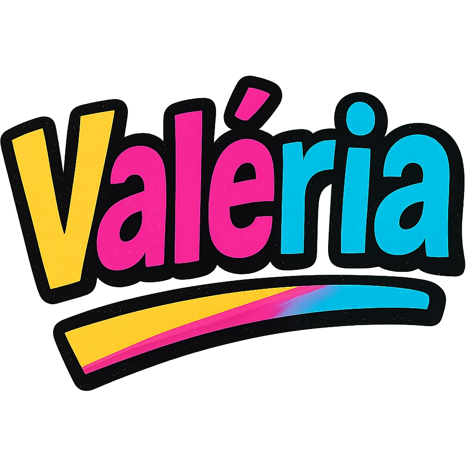 Valéria name in modern colorful gradient font with dark outline, dynamic slanted or partial underline, transparent background, in the style of reference patterns emoji