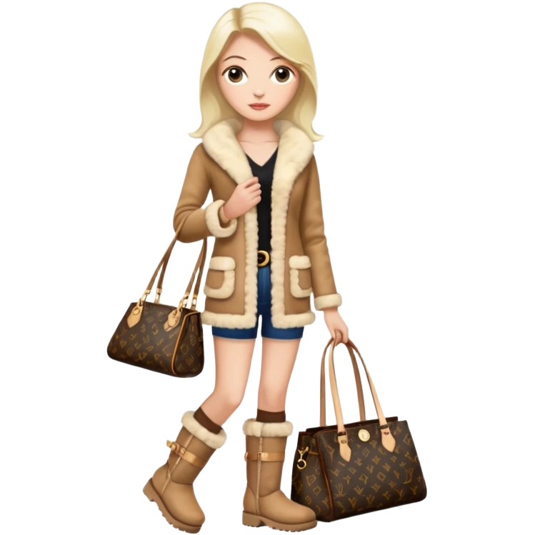 Woman standing with a luxury LV handbag wearing UGG boots.  emoji