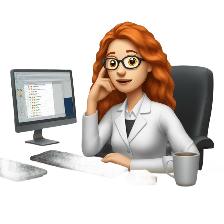 red hair woman nutritionist wearing glasses with hand on chin having an good idea monitor desk emoji