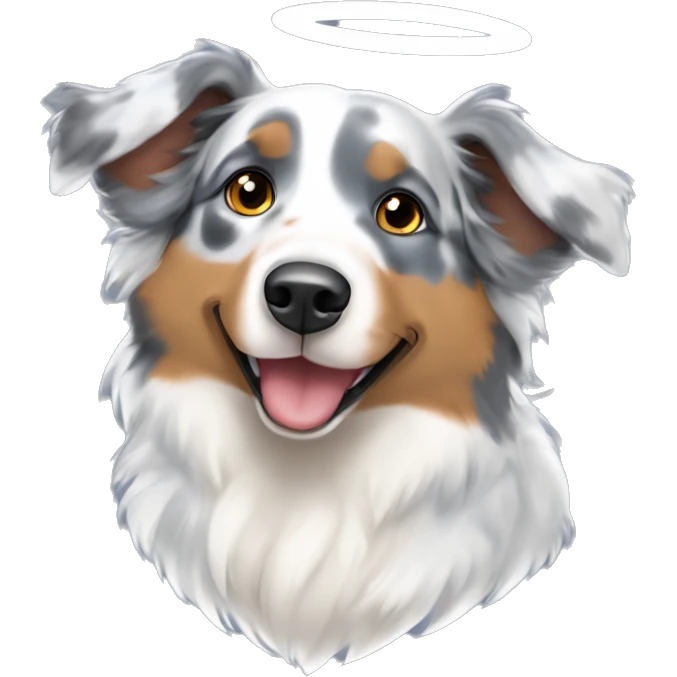 Blue Merle Australian shepherd one ear sticking up as an angel emoji