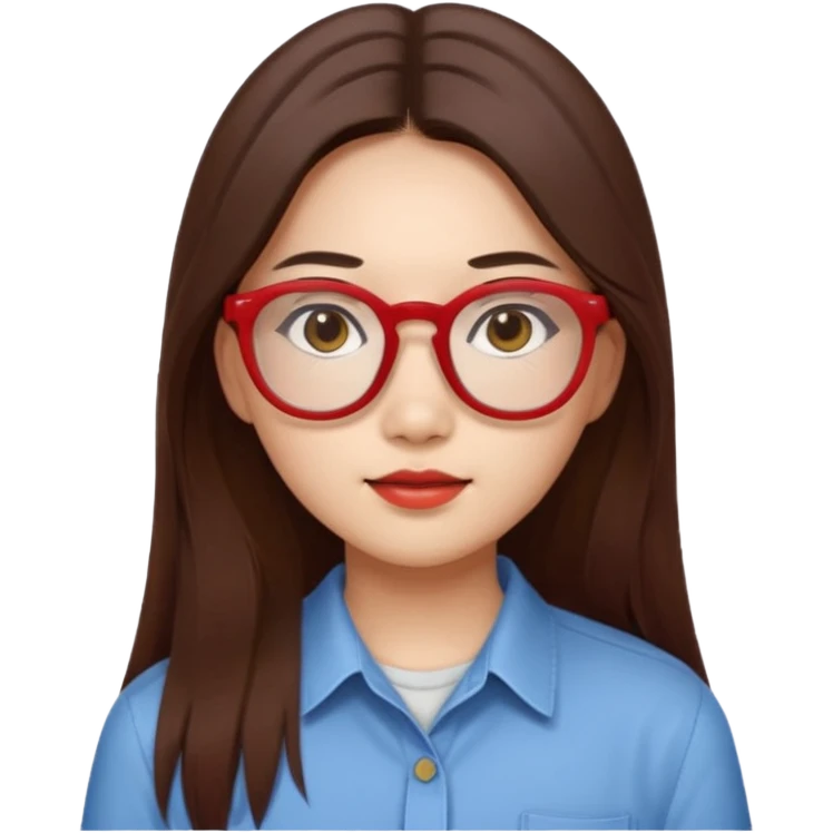 20 yr old asian woman, straight thick long brown hair, middle part, big red glasses, brown eyes, casual shirt emoji