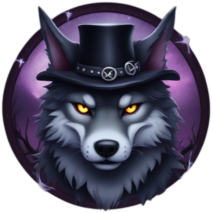 demonic wolf with a pentagram top hat and a pentagram chain with a haunting night background emoji