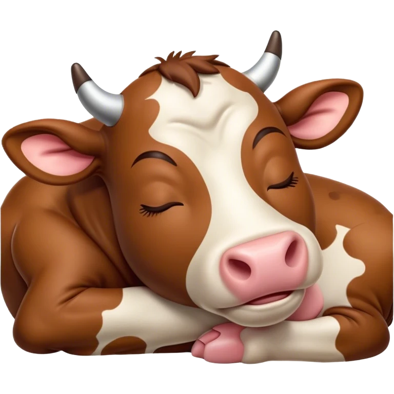 Meme-Worthy Cute Sleeping Brown Cow Portrait Emoji, Head resting peacefully with a contented smile, showcasing a robust build and a luxuriously soft deep brown hide, eyes shut in a serene, restful nap, Simplified yet hilariously adorable features, highly detailed, glowing with a soft, drowsy light, high shine, relaxed and utterly lovable, stylized with an air of playful laziness, bright and heartwarming, soft glowing outline, capturing the essence of a comically sleepy cow, so meme-worthy it feels like it could instantly become the next viral sensation of adorable slumber! emoji