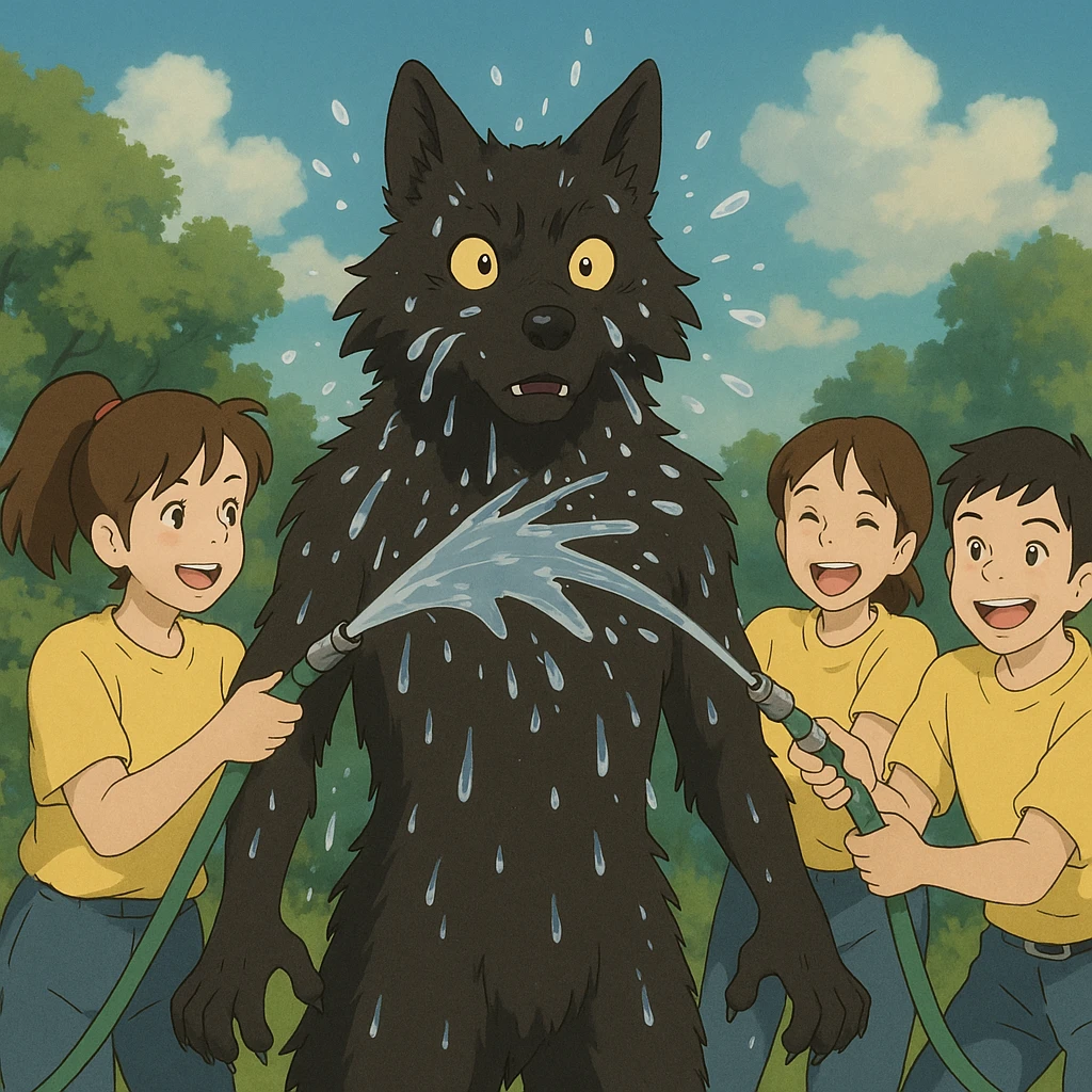 people in yellow shirts spraying water on an anthro black wolf in ghibli style emoji