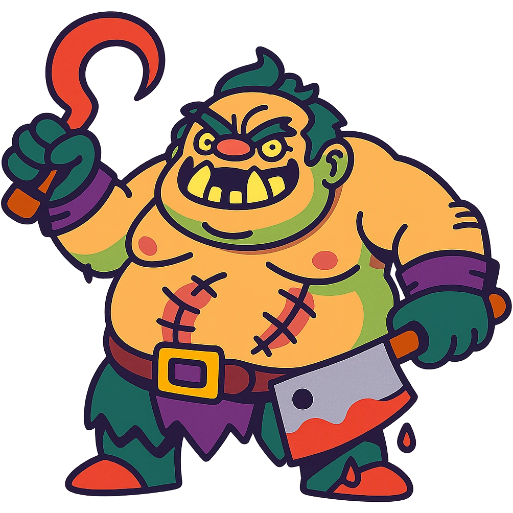 Cartoonish redesign of Pudge from Dota 2, exaggerated features, vibrant colors, playful style emoji