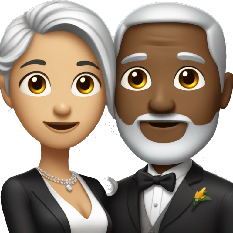 A white grey haired man with a goatee has just married, with a black woman with black hair and a brown complexion. They have a lot of money. they are hugged emoji