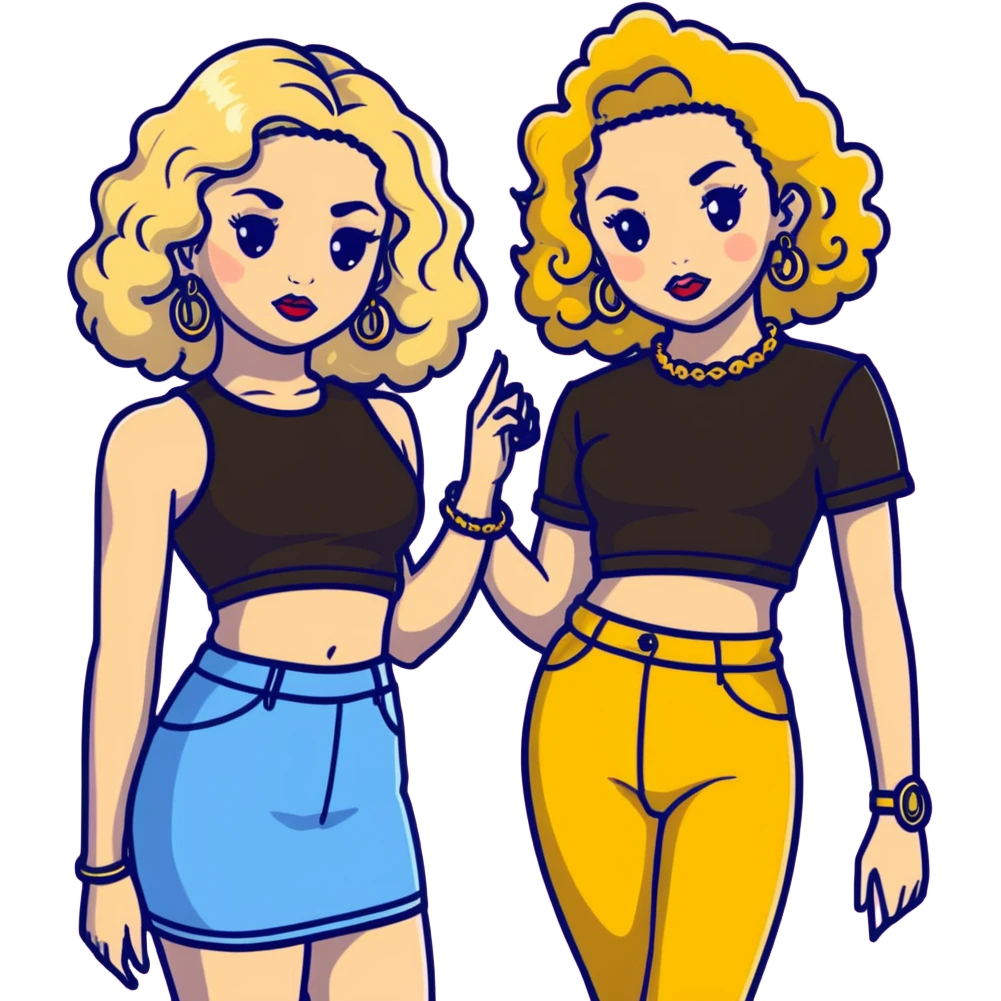 Full body of two teenage girls standing together, one white with straight blonde hair and one brown-skinned with curly dark hair, both with heavy makeup, big lips, crop tops, gold jewelry and flashy choni style outfits emoji