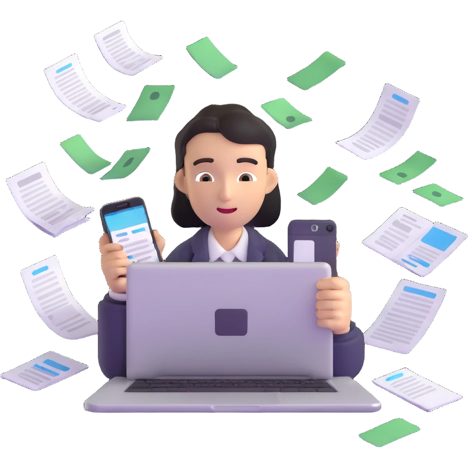 person holding a phone in one hand, laptop open in front, storm of receipts, invoices, and reminders swirling around, multitasking chaos emoji