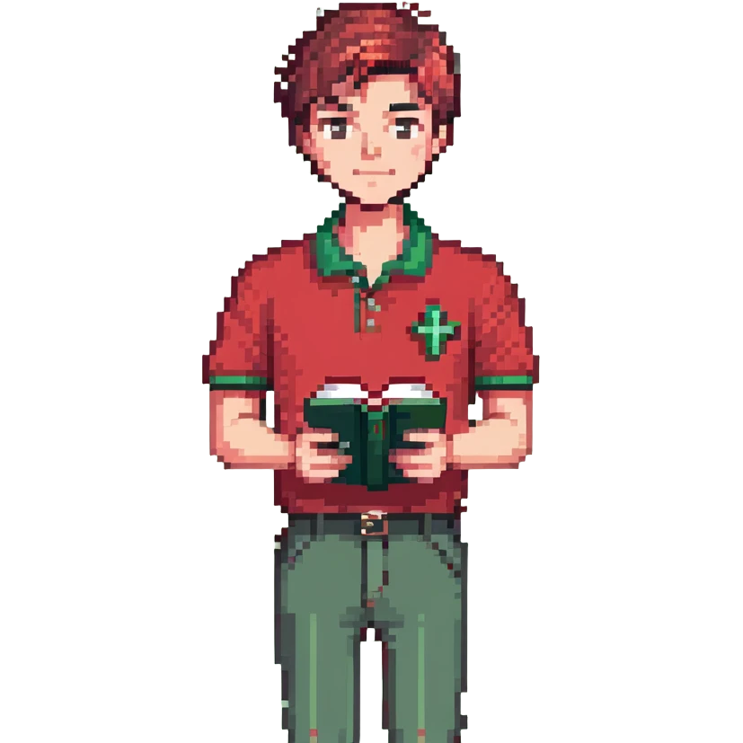 full body man, red polo, cross necklace, clean haircut, holding a book, standing pose emoji