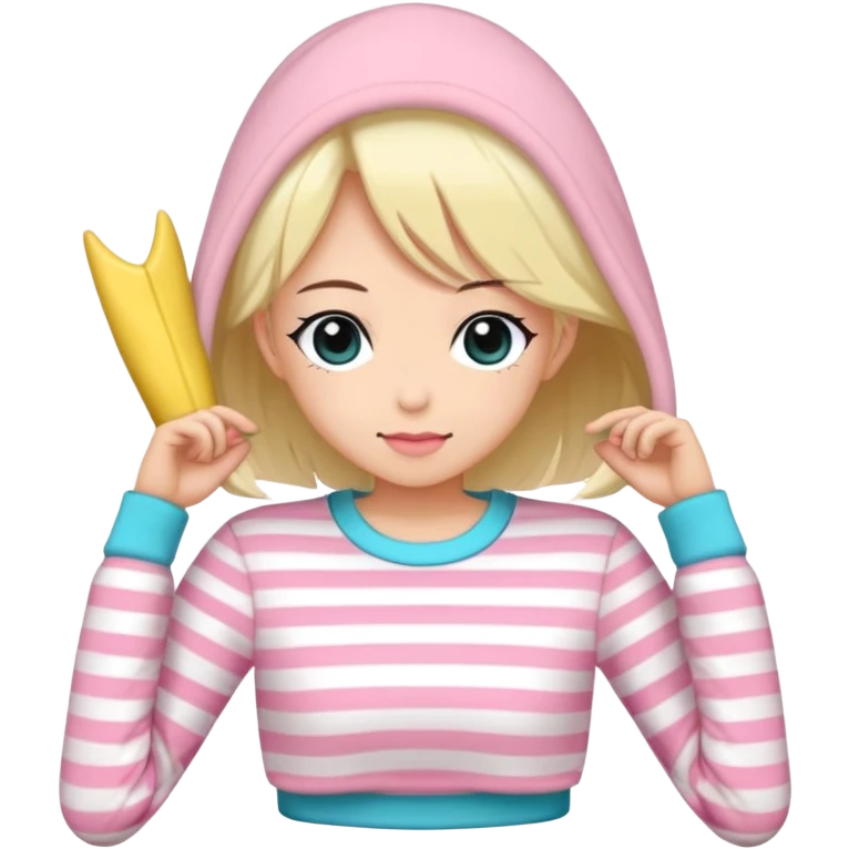 En anime-jente med to rosa lange tykke fletter og cyan striper i håret, ku-horn og ku-ører, sort BH-topp over en gul cropped-fleece-blouse emoji