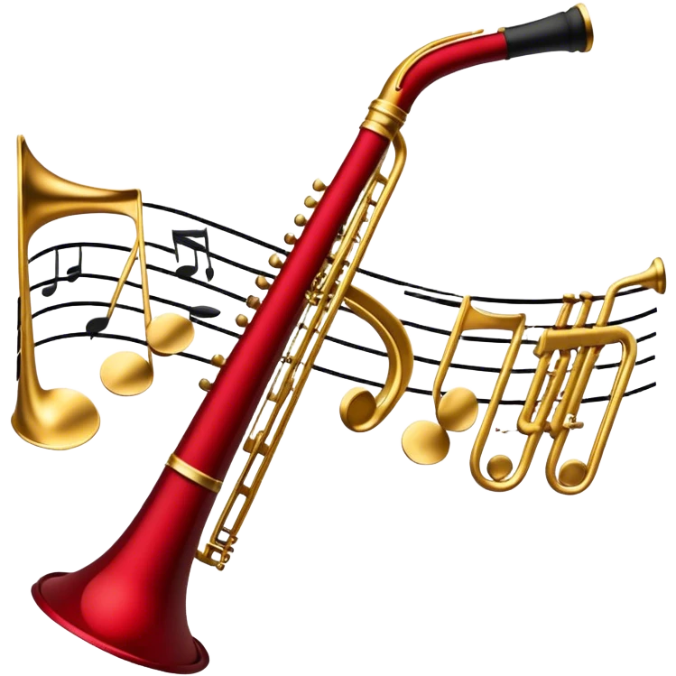Create a sophisticated and elegant emoji that represents orchestration and arrangement. The design should feature a conductor’s baton, musical notes, and a symphonic score, symbolizing the process of arranging and orchestrating music. Incorporate instruments like a violin, trumpet, and piano keys subtly in the background, representing different sections of the orchestra. Use classical and refined colors such as gold, deep red, and black to evoke the grandeur and precision of orchestration. The background should be transparent. emoji