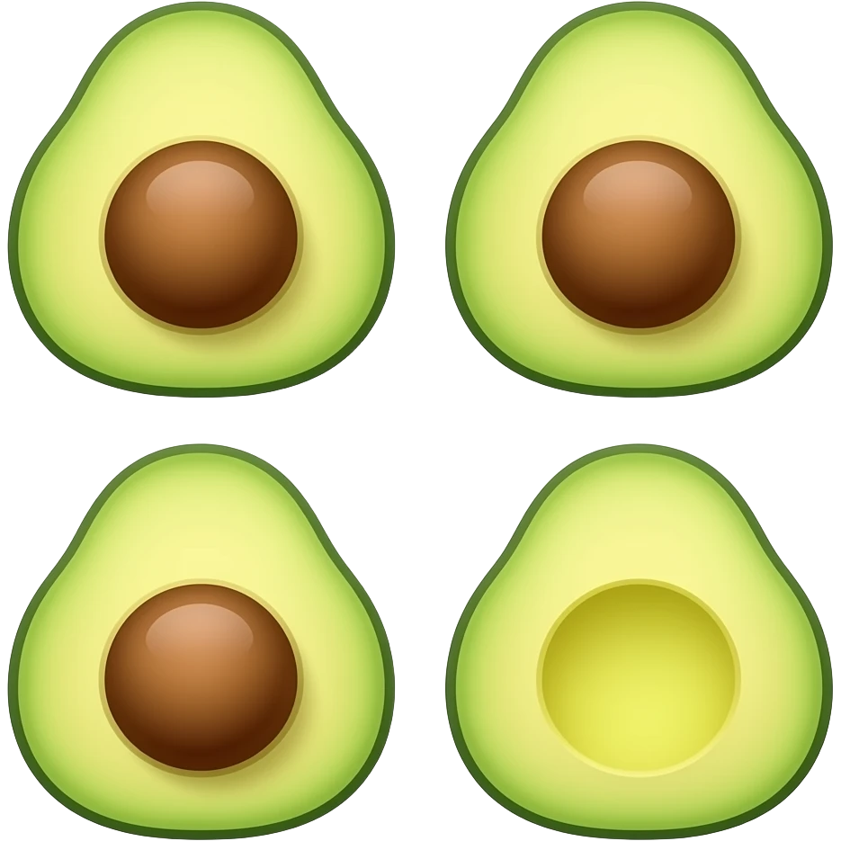 Create 4 avocado emoji-style images on a clean background, where 3 avocados have a seed in the center and 1 avocado is missing the seed, keeping the style identical. emoji