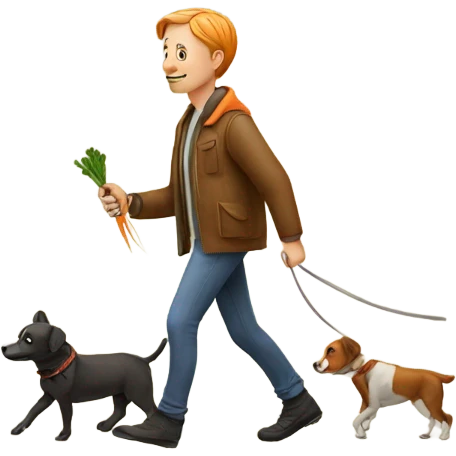 Mads walking a small dog while eating carrots  emoji