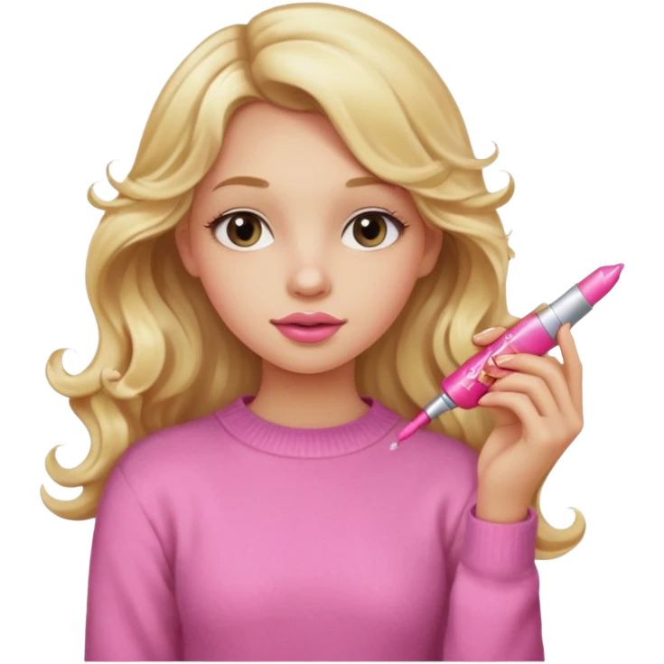 A long curled blonde haired  young girl with a pink sweater and holding a lip gloss emoji