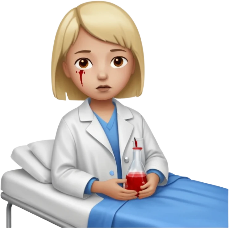 A nine year old girl that is wearing a hospital bed coat that has a buzz cut and her nose is bleeding emoji