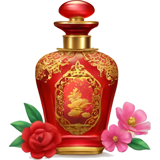 An antique perfume red bottle in oriental style, oil perfumes inside, sequins and flowers flying around emoji
