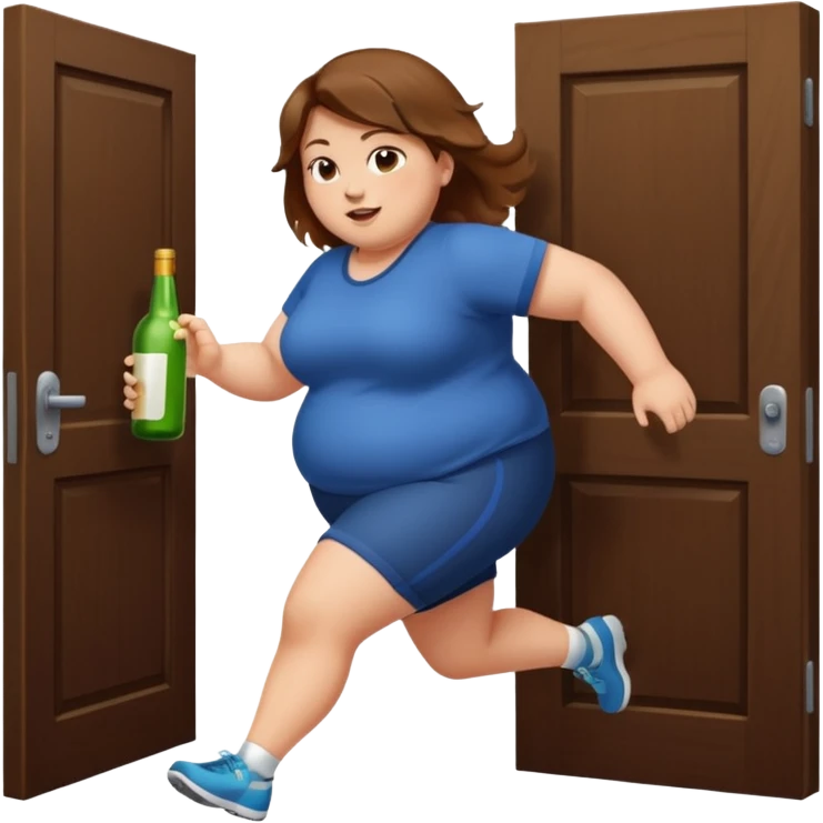 A fat girl with brown hair running towards a door with alcohol emoji