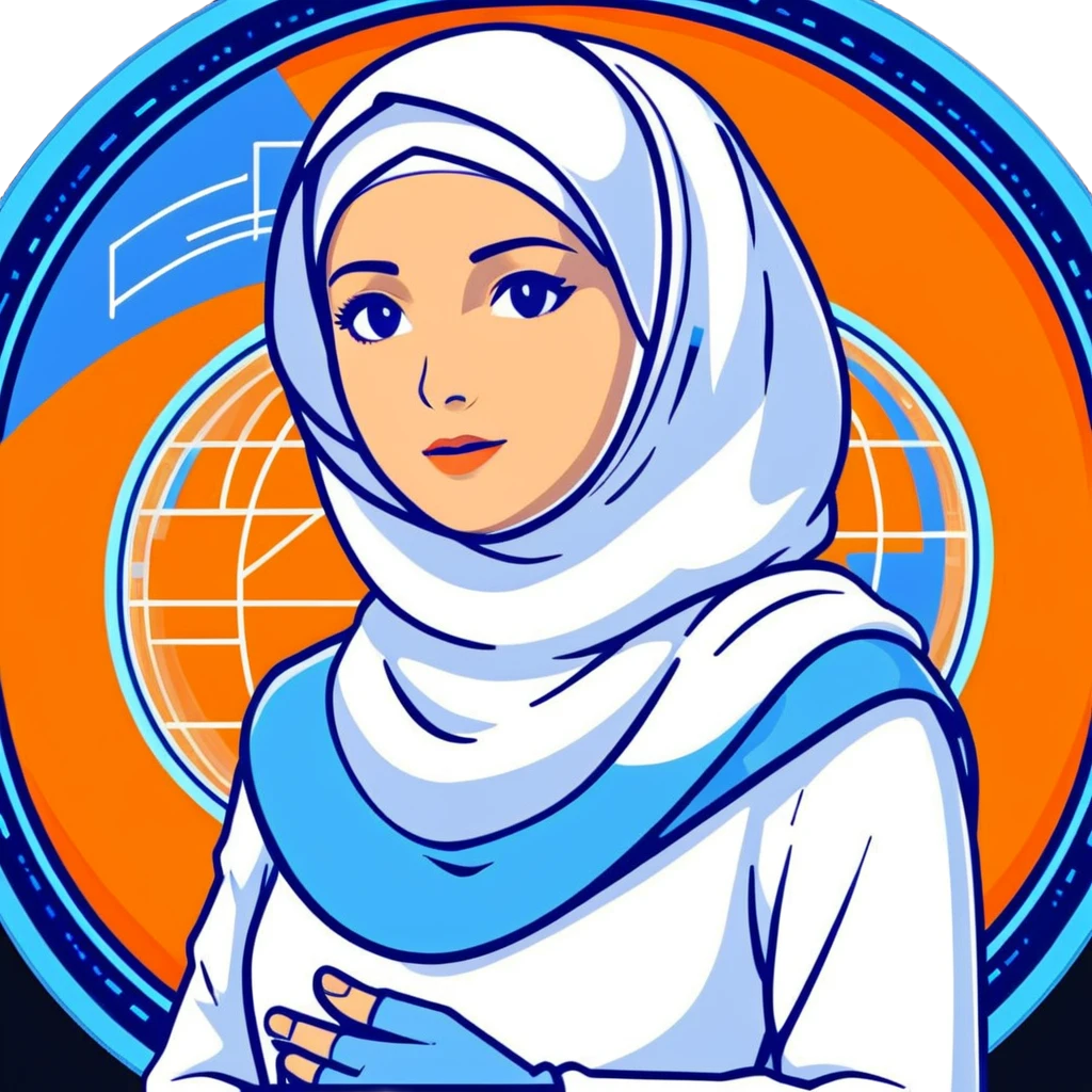 woman with white hijab in blue outfit, gazing forward, encircled by futuristic holographic screens displaying AI visualizations, quantum data patterns, circuit networks, high-tech metaverse elements emoji