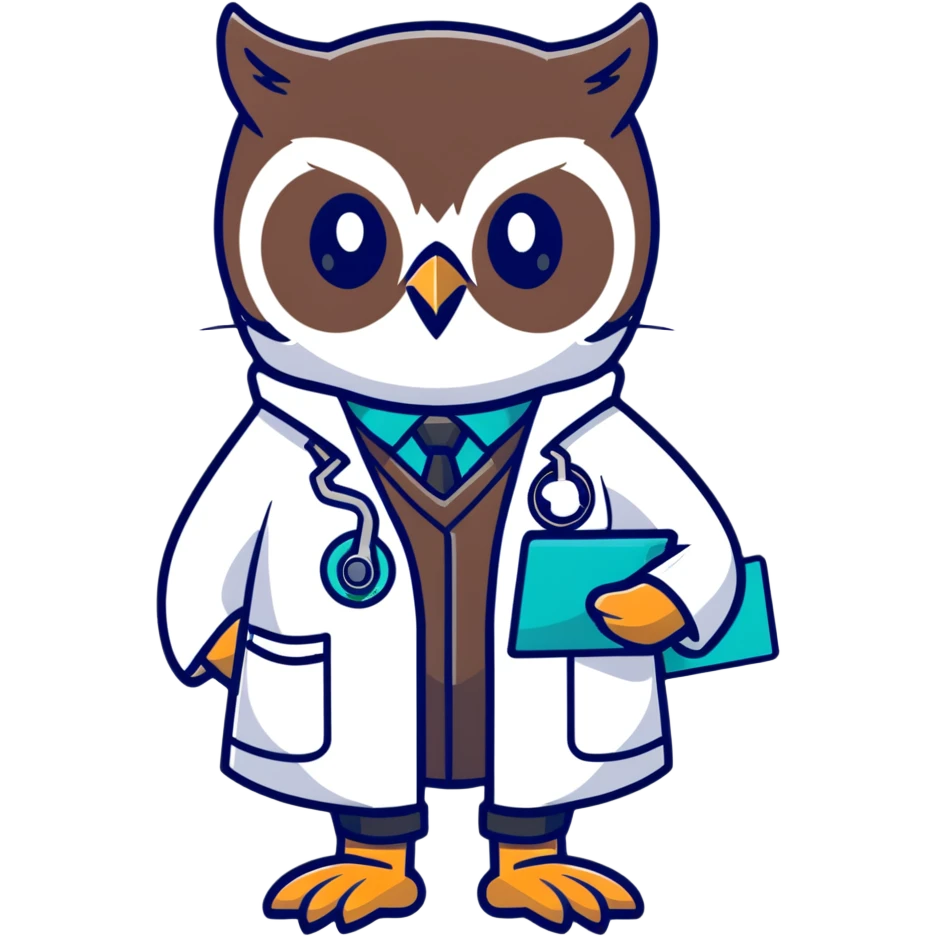Twilio owl wearing doctor outfit with stethoscope and white coat emoji