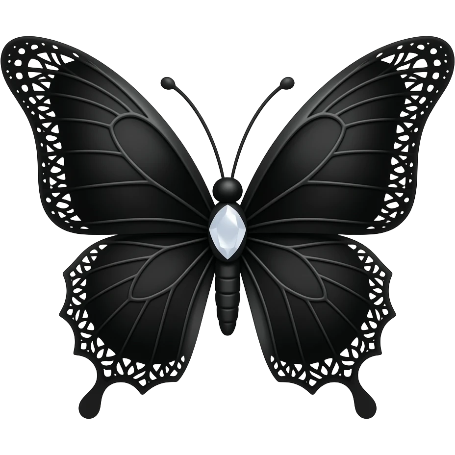 butterfly, 3D emoji gothic butterfly, black velvet, black filigree, black lace trim, white gem, elegant emoji