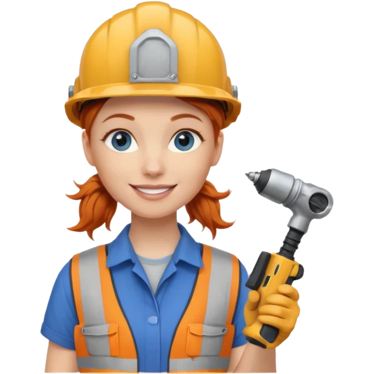 A ginger haired girl blue eyes, handyman Outfit, wearing a Helmet, with drill emoji