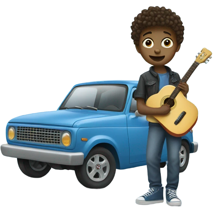 small boy holding a guitar and wearing silly shoes standing on top of a blue car emoji