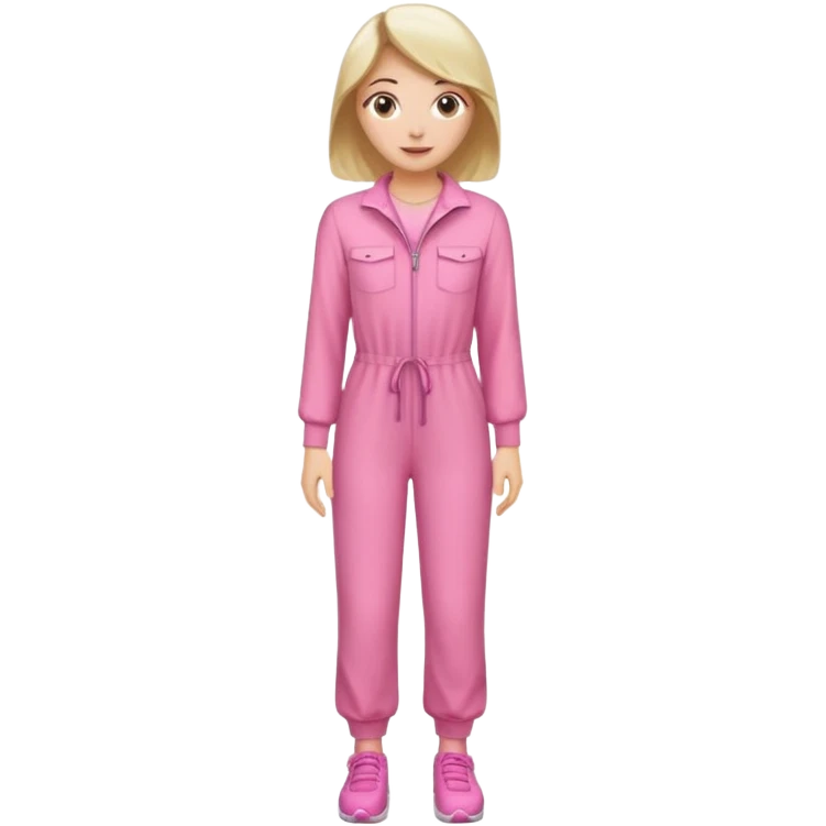 woman pink jumpsuit standing on foot emoji