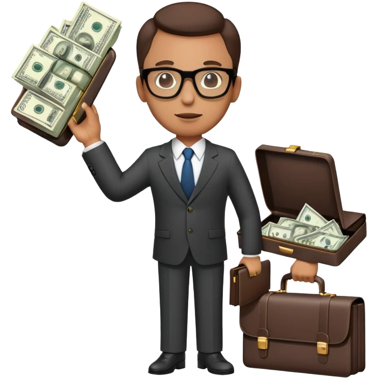 businessman in suit and glasses with an open briefcase full of dollar bills emoji