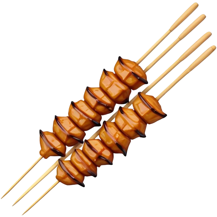 Cinematic Realistic Satay Dish Emoji, depicted as skewered, marinated meat grilled to perfection rendered with rich, smoky textures and dynamic, appetizing lighting. emoji