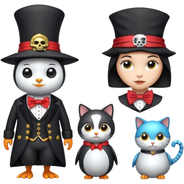 Penguin Wizard, pirata, gato con sombrero y pajarita y mujer con cuerpo de robot emoji