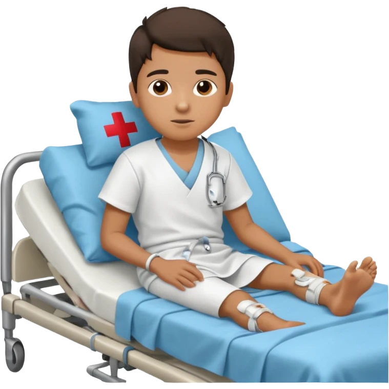 A young hispanic boy is in a hospital bed because of a broken leg. emoji