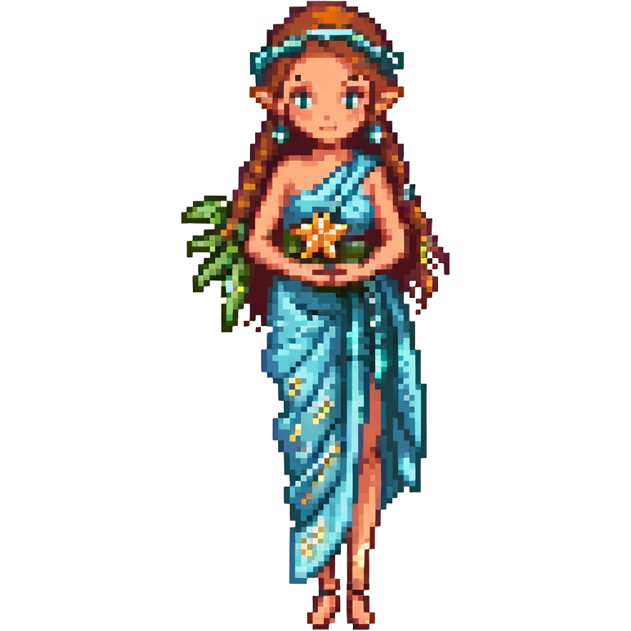 elf female Sarong with bioluminescent embroidery, armful of starfish, hair in a braid with pearl pins emoji