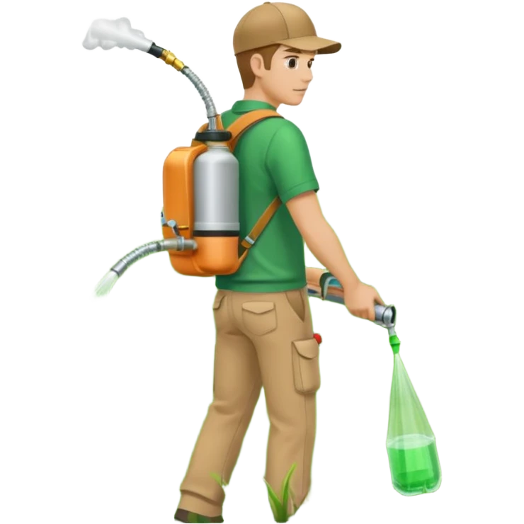 man with a emerald green shirt and tan pants on with backpack chemical sprayer on his back with the hose in his hand pointed downwards at bright green grass emoji