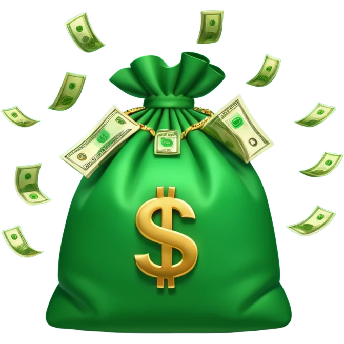 

3D emoji style, big bag of money, flying dollar bills, rich casino vibe, smooth lighting, high detail, clean edges, transparent background



 emoji