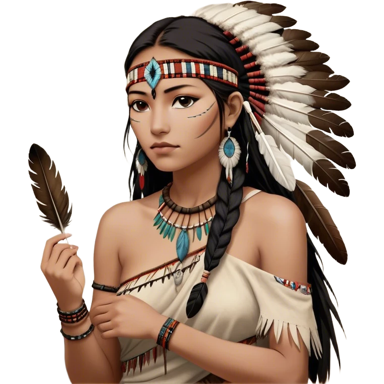 Cinematic Realistic Pocahontas Portrait, depicted with lifelike skin texture, soft natural lighting, and intricately detailed long, flowing raven-black hair that moves gracefully in the wind. Her deep, soulful dark brown eyes exude wisdom and strength, complemented by a serene yet powerful expression. She is shown gently holding a feather in one hand, her other hand resting lightly at her side, embodying the harmonious balance between nature and herself. She is dressed in her classic one-shoulder native American dress, with rich fabric textures and delicate beaded details that catch the light beautifully. The portrait features a soft, sun-kissed glow with a natural, radiant finish, capturing the essence of untamed beauty and deep connection to nature in a realistic and painterly style, evoking a sense of depth and authenticity. emoji
