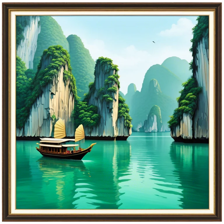 Cinematic Realistic Ha Long Bay Landscape Emoji, depicted with limestone karsts emerging from emerald waters rendered with intricate detail and dynamic natural lighting. emoji