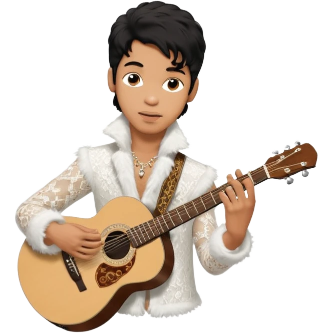 Cinematic realistic portrait of Singer Prince in a guitar pose in white lace and fur from the Round the World in a Day album tour emoji