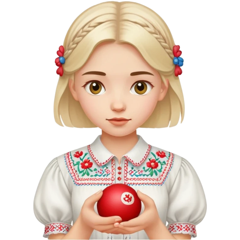 A young Ukrainian girl in a white embroidered shirt holds a ball of thread in her hand emoji