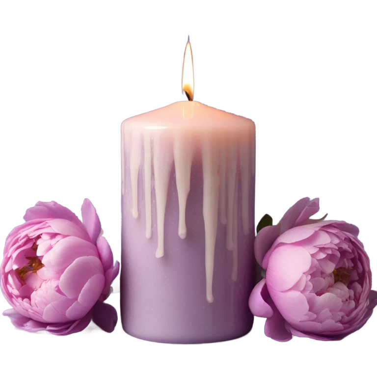A vintage-inspired lilac candle with melted wax drips, surrounded by a bouquet of pastel peonies. emoji