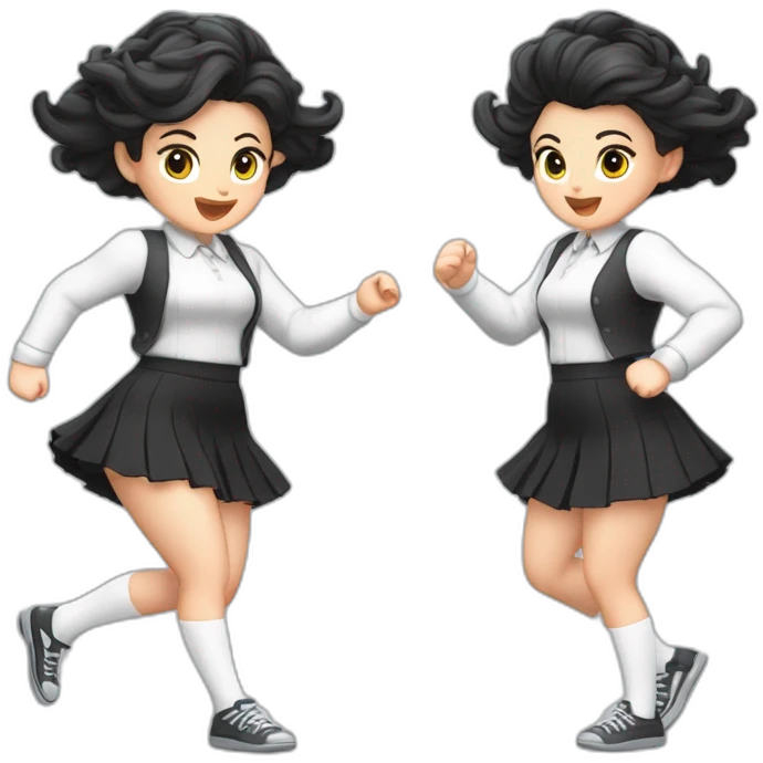 full-body-caucasian-curvy-beauty-jumping-short-black-skirt-back-and-front-views-strong-wind-knickers-long-white-socks emoji