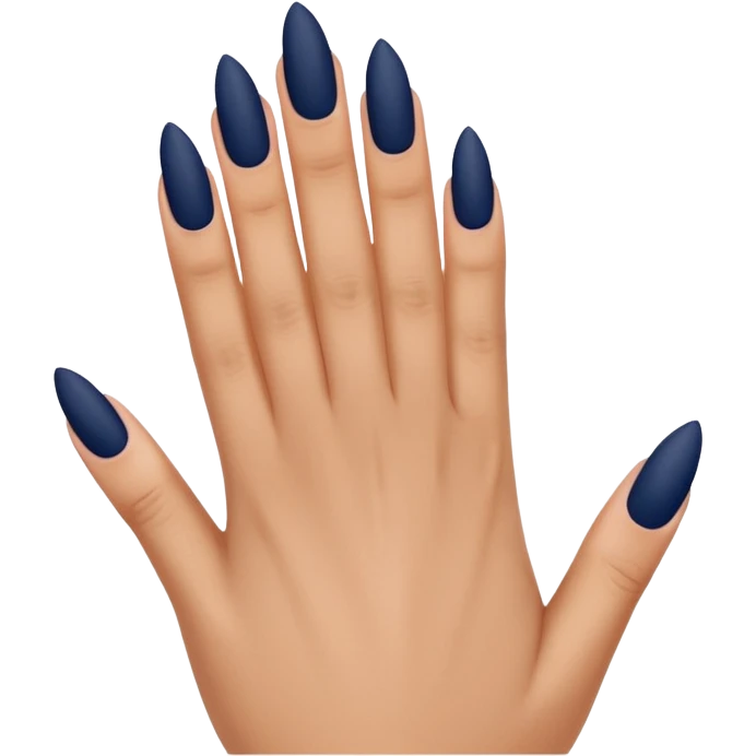 Close-up of a hand with long almond-shaped matte navy blue nails, minimal ring, soft indoor lighting, neutral striped background, clean and realistic. emoji
